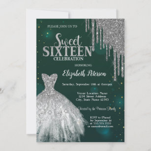 Silver Glitter Drips,Silver Dress Green Sweet 16 Invitation