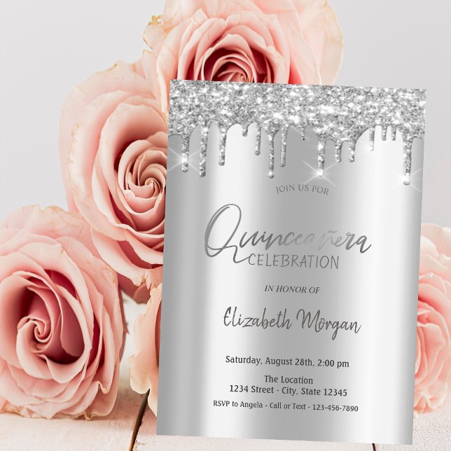Silver Glitter Drips Silver Quinceañera Invitation (Creator Uploaded)