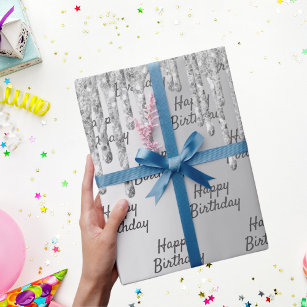 Silver glitter drips sparkle birthday typography wrapping paper