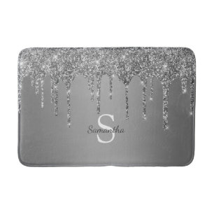 Silver Glitter Drips Sparkle Monogram Name Bath Mat