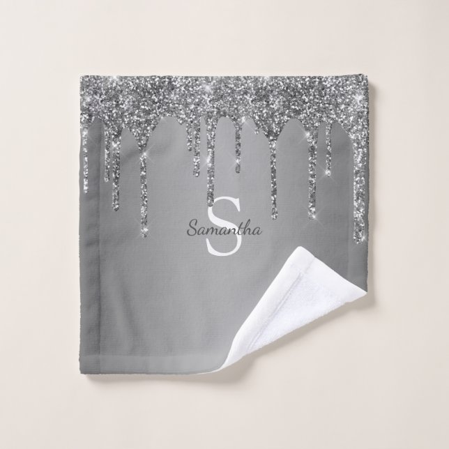 Silver Glitter Drips Sparkle Monogram Name Bath Towel Set (Wash Cloth)