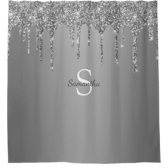 Silver Glitter Drips Sparkle Monogram Name Shower Curtain (Front)