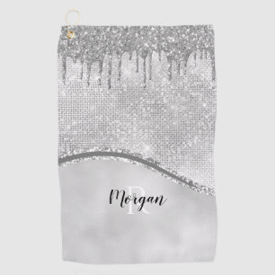 Silver Glitter Drips & Sparkle, Name & Monogram Go Golf Towel