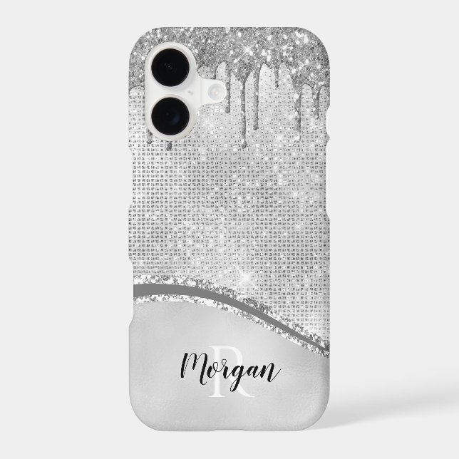 Silver Glitter Drips & Sparkle, Name & Monogram iPhone Case (Back)