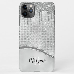 Silver Glitter Drips & Sparkle, Name & Monogram iPhone 11Pro Max Case