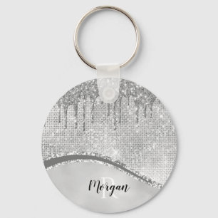 Silver Glitter Drips & Sparkle, Name & Monogram Ke Key Ring