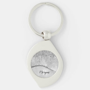 Silver Glitter Drips & Sparkle, Name & Monogram Key Ring