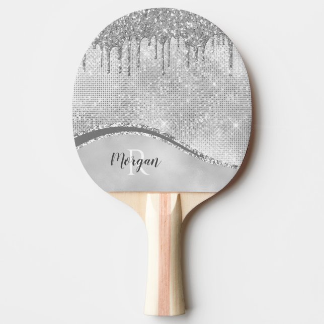 Silver Glitter Drips & Sparkle, Name & Monogram Ping Pong Paddle (Front)