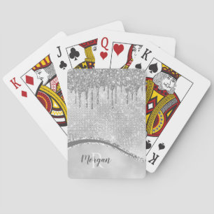 Silver Glitter Drips & Sparkle, Name & Monogram Playing Cards