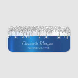 Silver Glitter Drips Stripe Blue Metallic Name Tag
