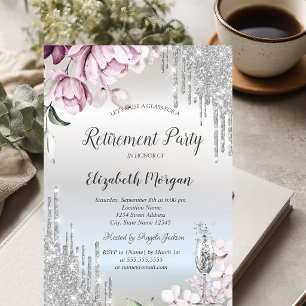 Silver Glitter Drips Violet Flowers Retirement  Invitation