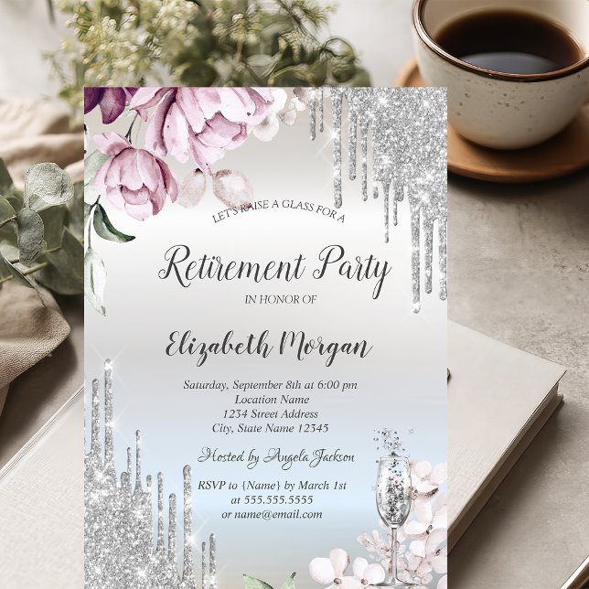 Silver Glitter Drips Violet Flowers Retirement  Invitation (Creator Uploaded)