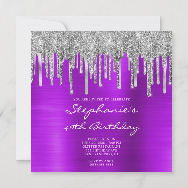 Silver Glitter Drips Violet Foil 40th Birthday Invitation (Front)