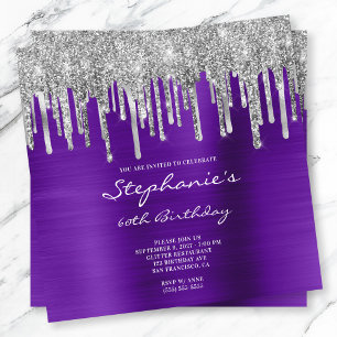 Silver Glitter Drips Violet Foil 60th Birthday Invitation