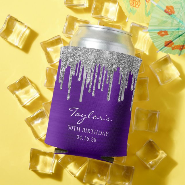 Silver Glitter Drips Violet Purple 50th Birthday Can Cooler (In Situ Summer)