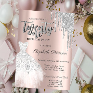 Silver Glitter Drips,White Dress 21th Birthday  Invitation