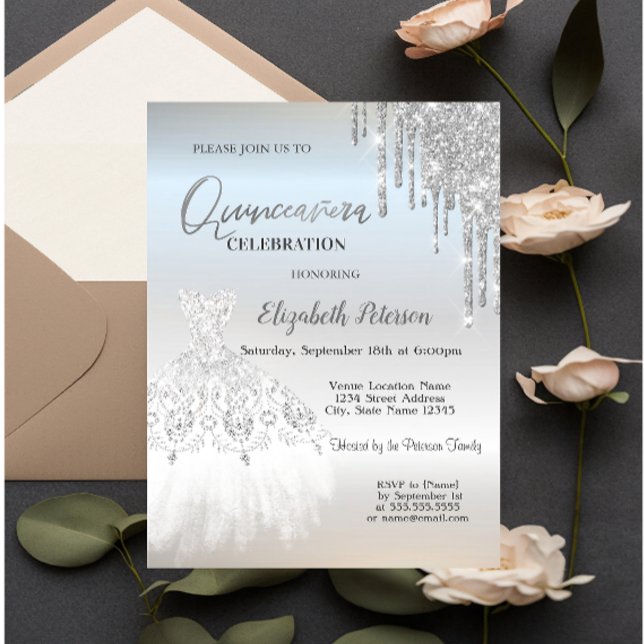 Silver Glitter Drips,White Dress Quinceañera Invitation (Creator Uploaded)