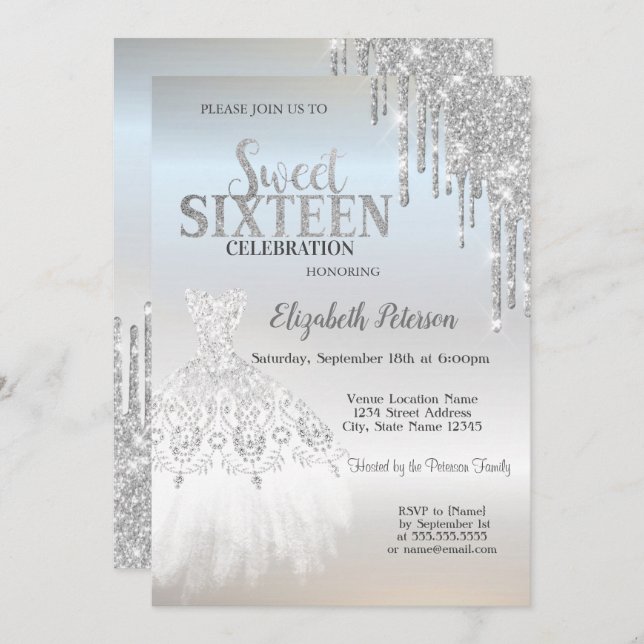 Silver Glitter Drips,White Dress Silver Sweet 16  Invitation (Front/Back)