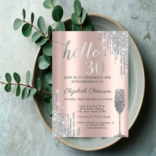 Silver Glitter Drips Wine Glass 30th Birthday  Invitation