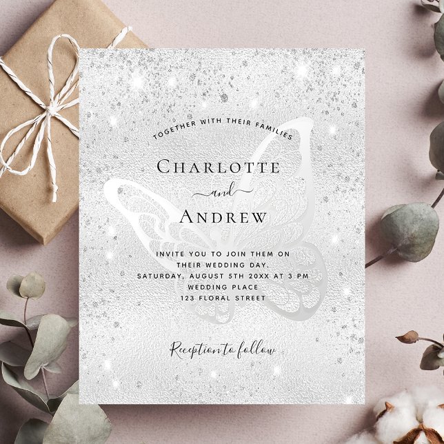 Silver glitter dust butterfly elegant wedding invitation postcard (Creator Uploaded)