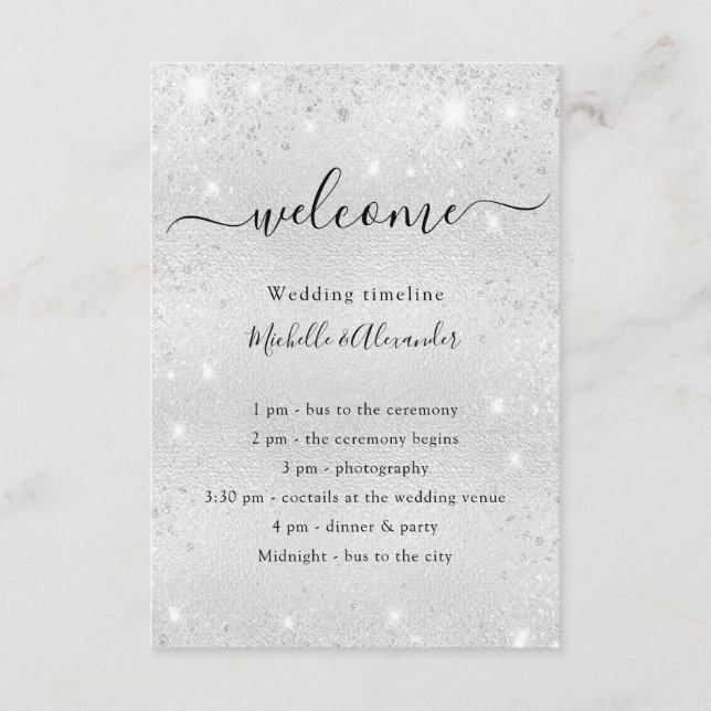 Silver glitter dust wedding program details enclosure card (Front)