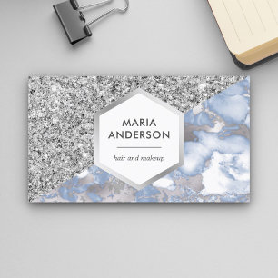 Silver Glitter Dusty Blue Marble Makeup Artist Business Card