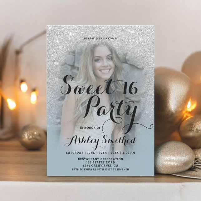 Silver glitter dusty blue ombre photo Sweet 16 Invitation (Silver glitter dusty blue ombre photo Sweet 16 Invitation)