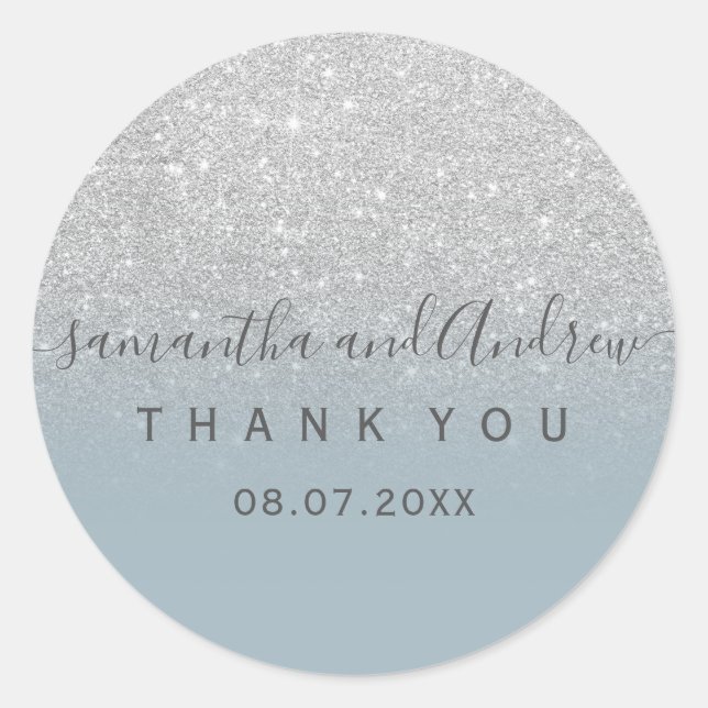 Silver glitter dusty blue script Thank you Classic Round Sticker (Front)