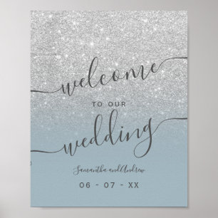 Silver glitter dusty blue script welcome poster