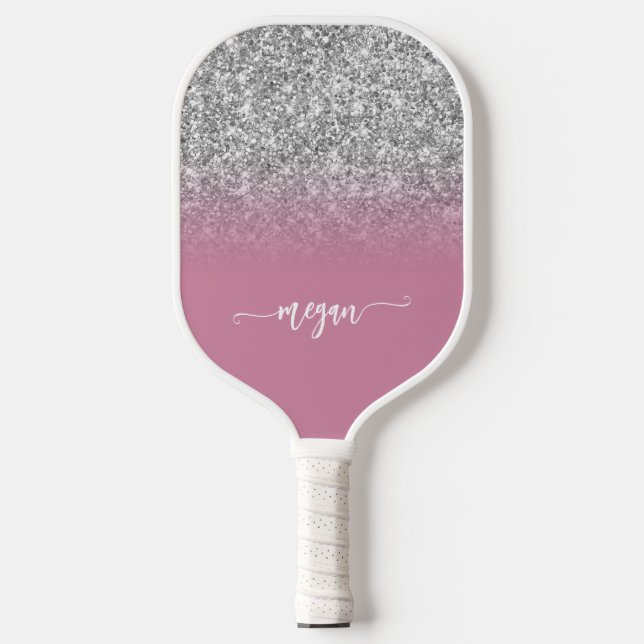 Silver Glitter Dusty Pink Ombre Modern Script Pickleball Paddle (Front)
