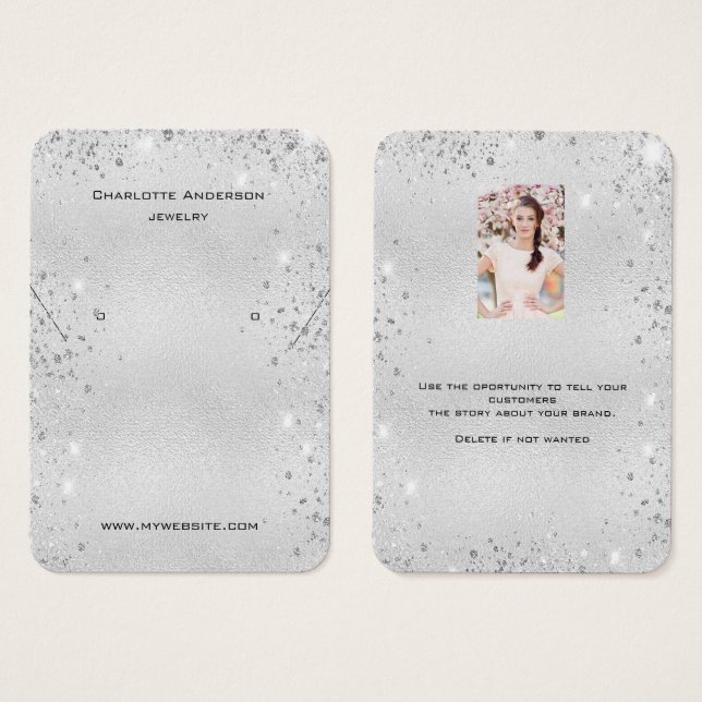 Silver glitter earrings brand photo display card (Front & Back)