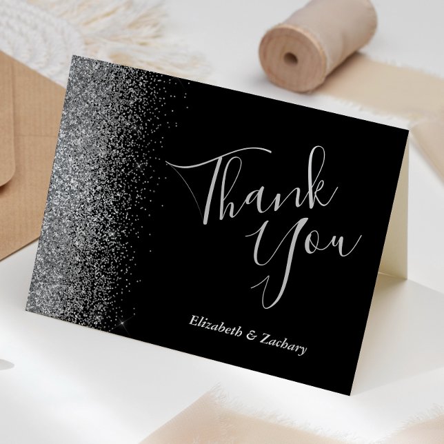 Silver Glitter Edge Black Wedding Thank You Card (Creator Uploaded)