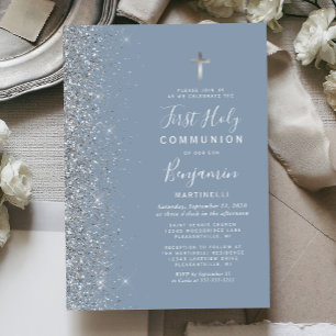 Silver Glitter Edge Dusty Blue First Communion Invitation