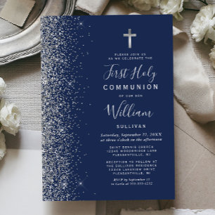 Silver Glitter Edge Navy Blue First Holy Communion Invitation