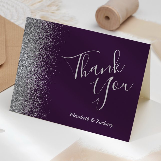 Silver Glitter Edge Purple Wedding Thank You Card (Creator Uploaded)