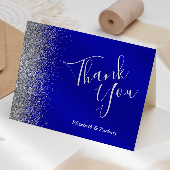 Silver Glitter Edge Royal Blue Wedding Thank You Card (Creator Uploaded)
