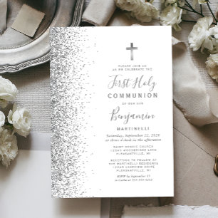 Silver Glitter Edge White First Holy Communion Invitation