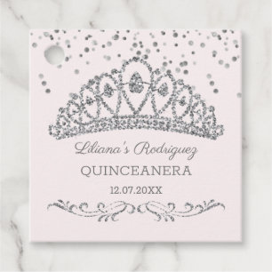 Silver glitter effect tiara, confetti Quinceanera Favour Tags