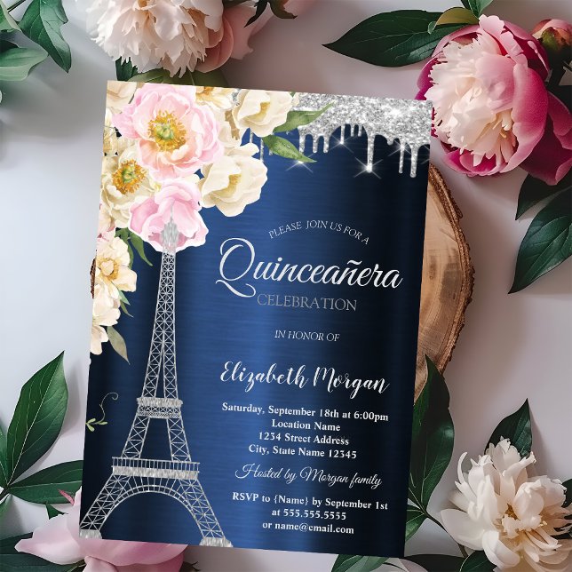 Silver Glitter Eiffel Tower,Drips Blue Quinceañera Invitation (Creator Uploaded)
