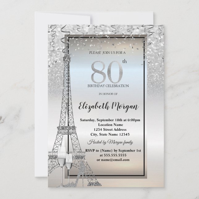 Silver Glitter Eiffel Tower,Glass,Heels 80th Invitation (Front)