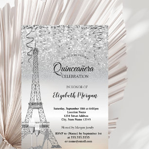 Silver Glitter Eiffel Tower,Heel,Glass Quinceañera Invitation