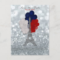 Silver Glitter Eiffel Tower Red Blue Save the Date