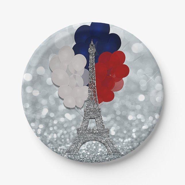 Silver Glitter Eiffel Tower Red White Blue Party Paper Plate (Front)