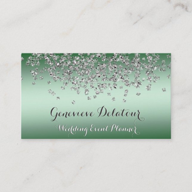 Silver Glitter Elegant Emerald  Event Planner Business Card (Front)