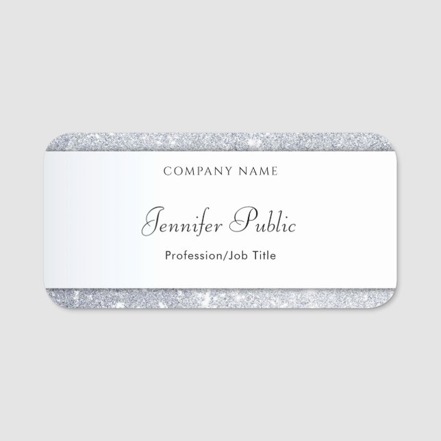 Silver Glitter Elegant Handwritten Name Script Name Tag (Front)