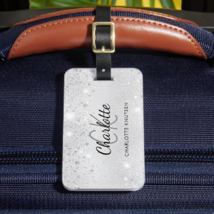 Silver glitter elegant monogram initials name luggage tag