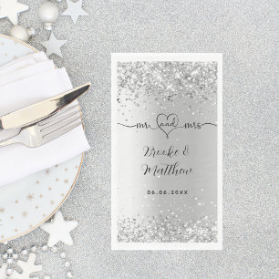 Silver glitter elegant script mr mrs heart wedding napkin