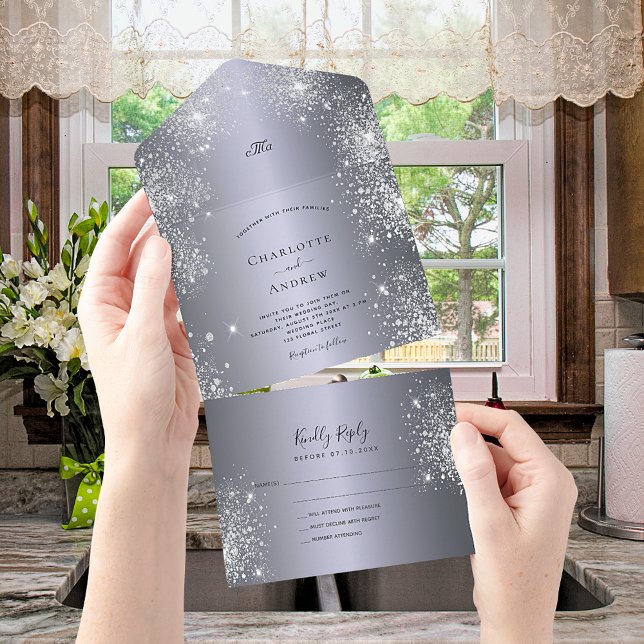 Silver glitter elegant wedding all in one invitation (Creator Uploaded)
