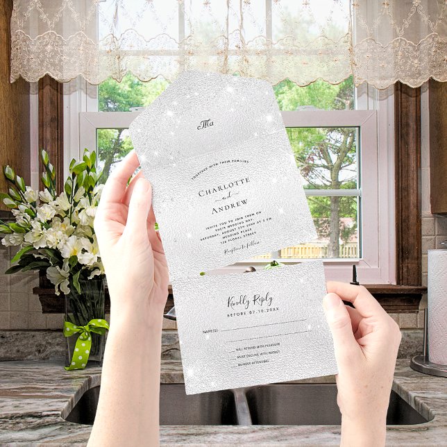 Silver glitter elegant wedding rsvp all in one invitation (Creator Uploaded)