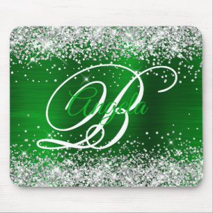 Silver Glitter Emerald Green Fancy Monogram Mouse Pad